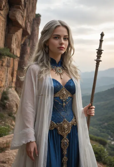 Beautiful and powerful female champion of Selûne, chosen warrior of the Moonmaiden, tall and graceful with an athletic build. Pale glowing skin with a faint silver shimmer, long flowing white or silver hair, piercing luminous eyes full of devotion and resolve. Wearing ornate silver and midnight-blue armor engraved with crescent moons and stars, flowing cloak embroidered with constellations, a silver holy symbol of Selûne glowing at her chest. Armed with a radiant silver sword or shimmering moonlight staff. Standing in a moonlit temple or atop a cliff beneath a star-filled sky with twin moons overhead. Ultra-realistic high fantasy art, highly detailed, cinematic divine atmosphere, radiant and majestic.