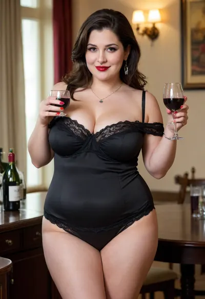 score_9, score_8, 1girl, dress, sagging, breasts, jewelry, cup, solo, drinking_glass, alcohol, necklace, underwear, bottle, panties, wine_bottle, wine_glass, black_hair, black_minidress, long_hair, smile, medium_breasts, bracelet, bar_, (place), earrings, bare_shoulders, indoors, wine, white_panties, makeup, holding, looking_at_viewer, pantyshot, thighs, red_lips, black_nails, lipstick, off_shoulder, holding_cup, off-shoulder_dress, mature_female, Italian, bbw woman, (obese:1.2), (cellulite:1.2)