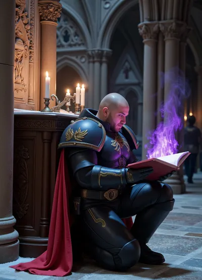 Gothic mood, Warhammer 40k, male space marine librarian reads forbidden magic tome by candlelight, kneeling in vast Gothic cathedral besides dark altar, wearing massive power armor with red cape, the forbidden tome burns with violet fire, the floor and walls are covered with frost, grim dark mood