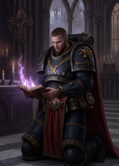 Gothic mood, Warhammer 40k, male space marine librarian reads forbidden magic tome by candlelight, bearded face is covered in scars, kneeling in vast Gothic cathedral near dark altar, wearing massive power armor with red cape, the forbidden tome burns with violet fire, the floor and walls are covered with frost, grim dark mood, photorealistic, masterpiece, 8k, adeptusastartes, <lora:adeptusastartes:.8>