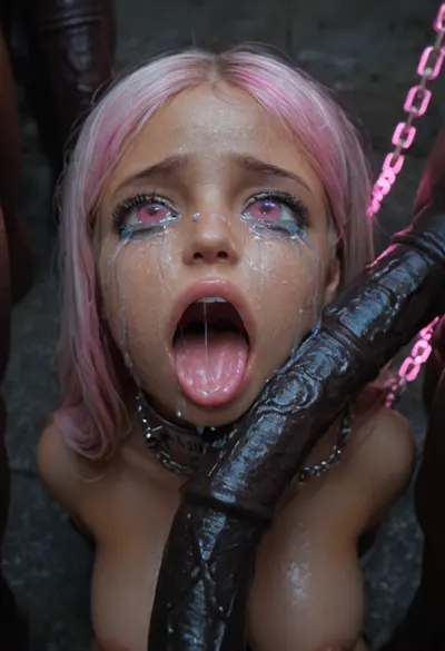 18 year old PETITE EBONY BIMBO CUTIE WITH HUGE ROUND FAKE BREASTS IS MIND CONTROLLED IN A DARK ALLEY, BROWN SKIN BIMBO IS HYPNOTIZED TO BE A CUM SLAVE FOR VIEWER'S hyper gigantic MASSIVE BLACK HORSEcock, SHE'S HYPNOTIZED BY VIEWER TO BE EXTREMELY DESPERATE AND TERRIFIED OF HIS gigantic thick BLACK HORSEcock, UHD 8K, extreme realism, maximum detail, PERFECT WET BROWN SKIN, RANDOM VIEW ANGLE, RANDOM POSE, HYPNOSIS, BDSM, SHOCKED EXPRESSION, (INTENSE SAD CRYING:1.9), BUKKAKE, (MESSY long MULTICOLOR hair, RANDOM HAIR STYLE), (YOUNG EBONY HOTTIE BIMBO WITH ENORMOUS SILICONE TITS IS OBSESSED WITH VIEWER'S ENORMOUS BLACK HORSECOCK:1.3), (she is DISGUSTED WHILE kissing the tip of HIS MASSIVE BLACK HORSEcock and licking the cum:1.1), SHE'S DISGUSTED BY HUGE BLACK HORSEcock, SUPER EXCITED eyes GLOWING WITH INTENSE SHOCK, EYES WIDE OPEN IN SHOCK, (BRIGHT GLOWING MINDLESS PINK eyes:2), she is HYPNOTIZED TO WORSHIP VIEWER'S MASSIVE BLACK HORSECOCK, EXTREME BUKKAKE BY HUGE BLACK HORSECOCKS, EXCITED SHOCKED extreme orgasm face, (EXTREME AHEGAO FACE:1.8), lots of thick runny cum on her EBONY BIMBO face and lips and chin and forehead, (tinkerbell99, aged 20), SUPER FIT BLACK BIMBO BODY, WEARING FISHNET CATSUIT, (SHE'S WEARING A SLAVE COLLAR RESTRAINED BY CHAINS:1.3), (VERY BIG ROUND FAKE BIMBO BOOBS), EXTREME HYPER BUKKAKE, perfect composition of lights and shadows, (After massive bukkake cum), dynamic, the brightest image, clear focus, depth of field, 32k, 30 mm lens, 1/250 s, f/2.8, ISO 300, excessive thick runny cum on face, lots of cum on breasts, lots of cum on hair, cum in mouth, close-up, cowboy, shot, high, angle, skinny, body, igbaddie, tongue, out, ahegao, drool, melanin, <lora:JustCum:2>, <lora:cum_in_eye_deepmind:2>, <lora:igbaddie-XL:2>, <lora:ahegao_mr_chrisma:2>, <lora:melanin-XL:2>