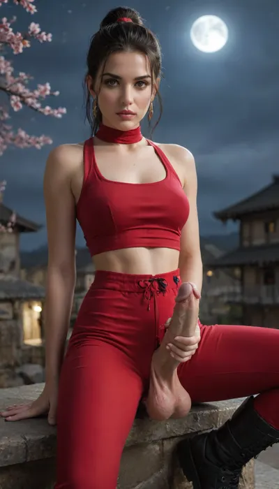 score_9, score_8_up, score_7_up, RAW photo of 1girl, anime-style illustration of a young woman inspired by Rei from Ninja Gaiden, (1988), faithfully reimagined in her canonical kunoichi assassin design. She has long, raven-black hair tied in a high ponytail, sharp, crimson-red eyes, and a fierce, focused expression. Her detailed face features flawless, pale skin, delicate yet strong features, and deep, scarlet lips. The detailed eyes burn with intensity and determination.
She wears her iconic form-fitting black-and-red ninja outfit, including a cropped top, tight leather pants, and shinobi tabi boots, crouched on a rooftop in the dead of night. The background reveals a full moon casting shadows, cherry blossoms drifting in the wind, and the silhouette of a rival ninja clan lurking below, a seductive, deadly tribute to the classic NES kunoichi, blending lethal grace with retro ninja mystique, (cowboy shot), (half body view), (upper body view), futanari, mastrubation, erect penis, hard penis, sagging testicles, veiny cock, leaking precum, throbbing cock