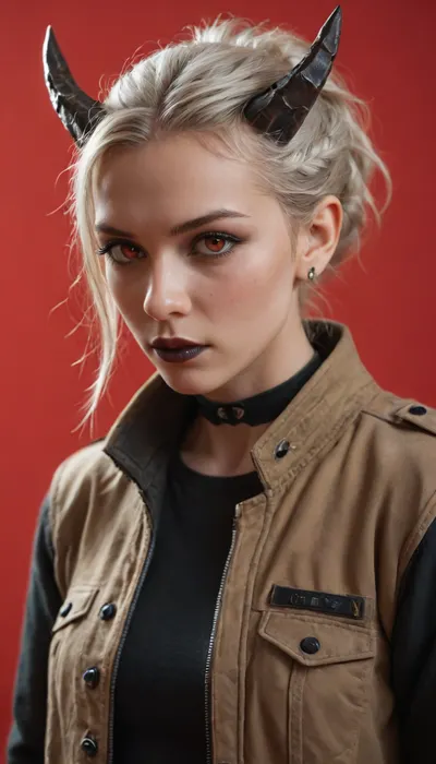 score_9_up, score_9, score_8_up, score_8, score_7_up, score_7, cinematic lighting, raw, high quality, 4k resolution, absurdres, masterpiece, dynamic lighting, high contrast, detailed face, sinozick style, 1girl, solo, (cute), (pale skin:1.2), (red eyes), (black sclera), black makeup, black lipstick, (white hair:1.2), short hairs, braided hairstyle, ponytail hairstyle, looking at viewer, (jacket:1.1), model pose, (cyberpunk horns:1.1), (model pose:1.3), (deep red background), sketchy background