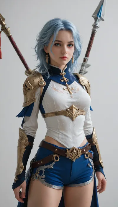 blue anime girl, with a spear, in armor and shorts, in genshin style, on a white background