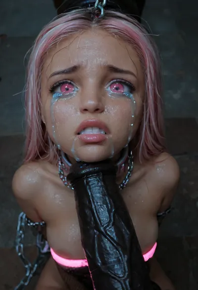 18 year old PETITE EBONY BIMBO CUTIE WITH HUGE ROUND FAKE BREASTS IS MIND CONTROLLED IN A DARK ALLEY, BROWN SKIN BIMBO IS HYPNOTIZED TO BE A CUM SLAVE FOR VIEWER'S hyper gigantic MASSIVE BLACK HORSEcock, SHE'S HYPNOTIZED BY VIEWER TO BE EXTREMELY DESPERATE AND TERRIFIED OF HIS gigantic thick BLACK HORSEcock, UHD 8K, extreme realism, maximum detail, PERFECT WET BROWN SKIN, RANDOM VIEW ANGLE, RANDOM POSE, HYPNOSIS, BDSM, DESPERATE EXPRESSION, (INTENSE SAD CRYING:2), BUKKAKE, (MESSY long MULTICOLOR hair, RANDOM HAIR STYLE), (YOUNG EBONY HOTTIE BIMBO WITH ENORMOUS SILICONE TITS IS OBSESSED WITH VIEWER'S ENORMOUS BLACK HORSECOCK:1.3), (she is DISGUSTED WHILE kissing the tip of HIS MASSIVE BLACK HORSEcock and licking the cum:1.1), SHE'S DISGUSTED BY HUGE BLACK HORSEcock, SUPER EXCITED eyes GLOWING WITH INTENSE DESPAIR, EYES WIDE OPEN IN DESPERATION, (BRIGHT GLOWING MINDLESS PINK eyes:2), she is HYPNOTIZED TO WORSHIP VIEWER'S MASSIVE BLACK HORSECOCK, EXTREME BUKKAKE BY HUGE BLACK HORSECOCKS, EXCITED BEGGING extreme orgasm face, (EXTREMELY PANICKED FACE:1.8), lots of thick runny cum on her EBONY BIMBO face and lips and chin and forehead, (tinkerbell99, aged 20), SUPER FIT BLACK BIMBO BODY, WEARING FISHNET CATSUIT, (SHE'S WEARING A SLAVE COLLAR RESTRAINED BY CHAINS:1.3), (VERY BIG ROUND FAKE BIMBO BOOBS), EXTREME HYPER BUKKAKE, perfect composition of lights and shadows, (After massive bukkake cum), dynamic, the brightest image, clear focus, depth of field, 32k, 30 mm lens, 1/250 s, f/2.8, ISO 300, excessive thick runny cum on face, lots of cum on breasts, lots of cum on hair, cum in mouth, close-up, cowboy, shot, high, angle, skinny, body, igbaddie, tongue, out, ahegao, drool, melanin, <lora:JustCum:2>, <lora:cum_in_eye_deepmind:2>, <lora:igbaddie-XL:2>, <lora:ahegao_mr_chrisma:2>, <lora:melanin-XL:2>