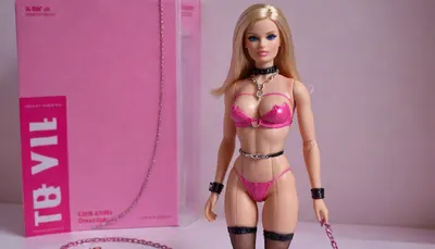 Barbie doll of a bdsm model, unopened packaging, blond hair, middle length hair, bare breasts, included accessories, pink dominatrix outfit, gags, whips, chains, collars, <lora:bdsm_SDXL_1_:.5>, <lora:gonza_v2:.5>