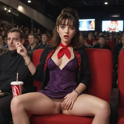 pretty Anorexic Chinese woman with pretty medium breasts, in a cafe, chi-chi, black, hair, bun, bangs, sidelocks, chinese, clothes, purple, ghost dress, earrings, red, bracelets, orange, neckerchief, open legs, no underwear, red lipstick, no bra, <lora:Chi_Chi_Diffusion_SD_XL-05:.8>, (((from, side))), (((horror, movie))), (((crowd))), ((big, screen)), ((hands, on, own, face)), ((cinema, seating)), scared, crying, with, eyes, open, cocacola, disposable, cup, popcorn, plaid, jacket, stairs, night, mouth, <lora:girllikehorrormovie_sdxl:.8>