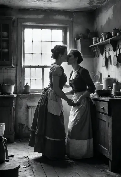 18 century, the young 18-year-old nude son exposes his erection to his stepmother. She is working in the kitchen, The stepmother is sweaty, worn out, but slowly lifts her dirty apron and long skirt, joyful anticipation, FRESHIDEAS, Real, Photography, 2#, Black, and, white, art, black, shading, charcoal, toned, brutal, dark, b/w, color, scheme, <lora:FRESHIDEAS Real Photography 2#:.6>, <lora:Black and white art.V1:.1>, <lora:MJ52:.4>, <lora:add-detail-xl:.9>