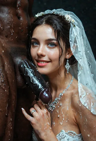 interracial, (muscular black skin brut), very very large black penis, black cock, black dick, (shy face), (thick black penis), ((handjob BBC)), (wedding rings shine), (slime on cleavage), super close up image, micro art photograph of an Iranian curvy bride standing on a glossy black velvet floor against a pitch-dark background. Dramatic, cinematic lighting with high contrast and soft shadows., ((Her entire feet, nylon, pussy, body, and classic lace white wedding dress are covered in a thick, jelly-like texture. The slime drips slowly from her hair and shoulders, creating a surreal, beautiful, and mysterious effect.)), The wedding dress features traditional Persian details such as tulle, gemstones, and Islamic motifs, visible beneath the slime. Visually stunning, surreal, and elegant composition with a focus at the tactile contrast between the slime and the white dress against the black velvet., close_up_detailed_shot_of1, BadX, happy, <lora:close_up_detailed_shot_of1:.8>, <lora:671410_training_data:1.3>, <lora:MJ52:.6>, <lora:happy_v2:.8>