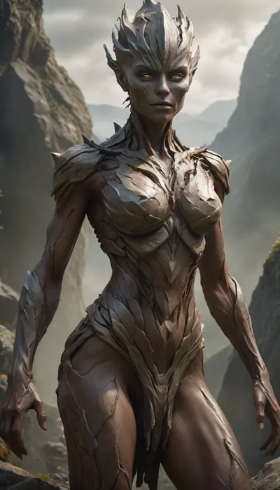 Dark fantasy, slender athletic female earth elemental looking toward the viewer, light grey skin, earth, elemental, <lora:RPGEarthElementalXL:.8>