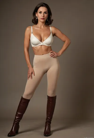 Plain background, 60 year old woman, standing full length side on, bending forward, rounded bottom, perfect face, insanely hot, domme style, femdom, stunning beauty, bimbo, skinny, thin, large firm breasts, huge breasts, short bob brunette hair, deep tanned skin, pearl earrings, ultra-white bra, 1950's style bra, beige tight-fitting equestrian jodphur, jodphurs, brown leather knee-length riding boots, looking haughty, hd, hdr, ultrarealistic, lots of detail, lots of skin details, award winning photograph, looking forward and point at camera with her right hand