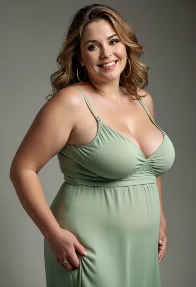 Lubica stepaunt, 3/4 side view, ssbbw gilf, leaning forward, looking at viewer, eye contact, full body portrait photo a, (obese), ssbbw mature 60 year old woman, (wearing a thin tight light green v-neck sleeveless spaghetti strap maxidress), hourglass figure, wide, huge hips, plump waist, large waist, thick, thighs, saddlebags, round face, chubby cheeks, wrinkles, flushed cheeks, double chin, big eyes, light chestnut hair with highlights, medium hair, big smile, mouth open, lips parted, big lips, teeth showing, perfect teeth, joyful smile, (solid blank black background), hoop earrings, (wrinkles), (large drooping saggy conical breasts), sagging, breasts, apart, <lora:MJ52:.9>
