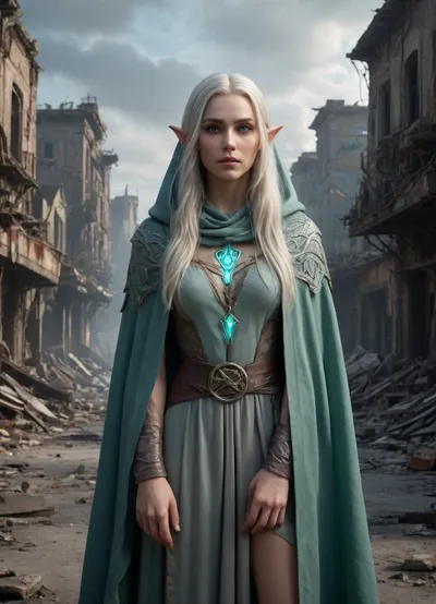 A distant view of a beautiful elven woman standing in a ruined Fallout style city. She has long flowing silver hair, glowing emerald eyes, delicate facial features with high cheekbones, sharp jawline, pale luminous skin, thin lips and slightly pointed ears. She wears authentic elven clothing made of layered dark fabric, a long hooded cloak with embroidery and subtle metallic ornaments, belts with pouches, and mystical runes glowing faintly on the cloth. In her hands she holds a glowing energy bow shining with soft blue light. The background shows collapsed skyscrs with broken neon signs, cracked asphalt streets filled with rubble, distant glowing clouds of radiation above the skyline, and faint ruins fading into haze. The mood is epic and tense, the atmosphere cinematic. ultra-detailed, hyper-realistic, 8k, photorealism, masterpiece, sharp focus, movie style lighting, epic lighting, fine details, volumetric light, concept design, high dynamic range, post-collapse world, fantasy crossover, realistic textures, trending digital artwork