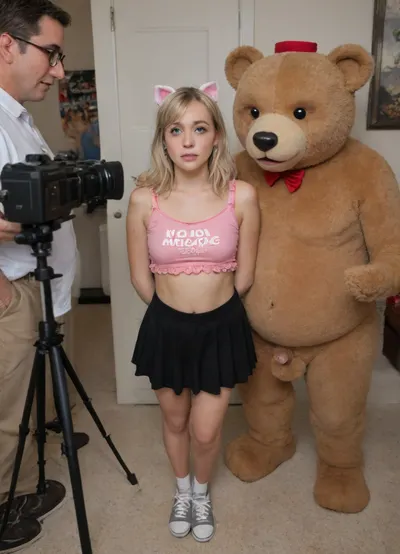 (18 year old boy jerking off an older fat man), (other people watching), (lots of fat old men watching), boy crying, sobbing, boy worried, boy looking on in fear and annoyance, (boy is Luna Lovegood cosplay with short blonde hair), (guy in pink teddy bear top inspired by her unique and quirky style from the Harry Potter film series), (top should be soft pink with a teddy bear face on the hood with bear ears. Pair it with a light gray A-line skirt with barely there pleats or lace trim), boy in Mary Jane style sneakers, (camera on tripod in foreground pointed at boy), (1 camera), (set in a tacky love hotel with plush), (boy has a small penis visible, penis erect and wank)
