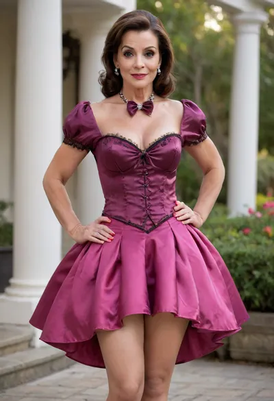 Cartoon, Vilma Flintstone, Grandma in a royal garden, extremely designed background, fully clothed, (very old, 1.9), (gilf:1.4), facial wrinkles, (body wrinkles:1.5), (small breasts:.1), red lipstick, red nails, white tooth, perfect denture, jewels, black lace bra, (long dark burgundy hair:1.2), black lace stockings, skirt spreading around, (very long silk vibrant hoop skirt:1.3), satin blouse falled down on shoulders, epic, gorgeous, (cum in pussy:1.3), skirtlift, (saggy:1.3), night, (satin hoop skirt:1.2), royal colors, pink, purple, red, golden, floral pattern, hyper-photorealistic, 1600s, retro, bow blouse, LIFT, UP, SKIRT, FROM, BELOW, CURTSEY, <lora:Blouse-SDXL_V1:1.4>, <lora:Lift Up Skirt:1.4>