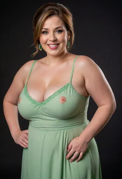 Lubica stepaunt, 3/4 side view, dynamic angle, ssbbw gilf, leaning forward, looking at viewer, eye contact, full body portrait photo a, (obese), ssbbw mature 60 year old woman, (wearing a light green v-neck sleeveless spaghetti strap long dress), hourglass figure, wide, huge hips, plump waist, large waist, thick, thighs, saddlebags, round face, chubby cheeks, wrinkles, flushed cheeks, double chin, big eyes, light chestnut hair with highlights, medium hair, big smile, mouth open, lips parted, big lips, teeth showing, perfect teeth, joyful smile, (solid blank black background), pokies, hoop earrings, (wrinkles), (drooping saggy conical breasts), sagging, breasts, apart, hard nipples, green, eyes, blue, perfecteyes, <lora:PerfectEyesXL:.8>