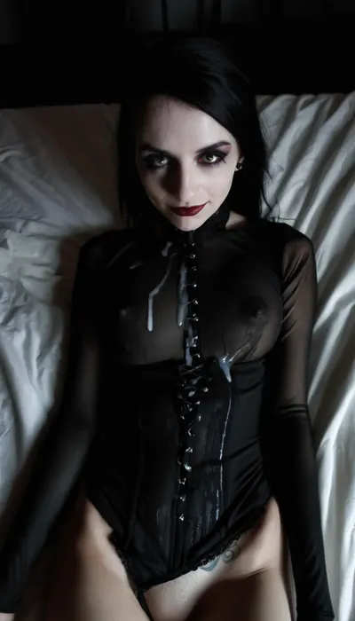 extremely beautiful and slender 25 year old goth cumbucket with big tits lying on the bed after a wild party, a gallon of thick cum has recently been poured over all of her body and face, portrait, from above, looking at the cam, lovely eyes, cute eyes, sexy eyes, sweet eyes, cute smile, tack sharp, ultra realistic, cinematic dark lighting, an interplay of light and shadows, artsy, high cheekbones, (skinny face), (long face), (long skinny nose), ((dark goth makeup)), lots of tattoos, <lora:dark:.8>