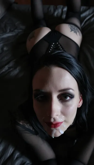 extremely beautiful and slender 25 year old goth cumbucket with big tits lying on the bed after a wild party, a gallon of thick cum has recently been poured over all of her body and face, portrait, from above, looking at the cam, lovely eyes, cute eyes, sexy eyes, sweet eyes, cute smile, tack sharp, ultra realistic, cinematic dark lighting, an interplay of light and shadows, artsy, high cheekbones, (skinny face), (long face), (long skinny nose), ((dark goth makeup)), lots of tattoos, <lora:dark:.8>