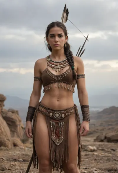 Fierce Native American female warrior, tall and athletic build, strong and graceful, intense determined expression. Long dark braided hair adorned with feathers and beads, war paint markings across her face, piercing dark eyes. Wearing traditional warrior attire, leather armor, fringed garments, decorated with tribal patterns, beads, and animal pelts. Carrying a spear or bow with arrows, tomahawk at her side. Standing proudly on a rocky plain under a dramatic sky, wind blowing through her hair, aura of strength and pride. Cinematic, highly detailed, historical realism, powerful and noble atmosphere.