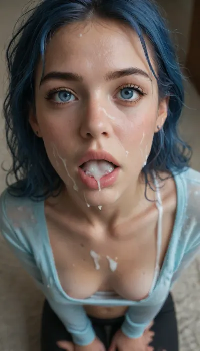 ((25yo cum covered fitness model on her knees)), (girl:1.8), huge cum covered, bukakke, cumshot, cum on face, (blue hair), ((skinny face)), ((long blue messy after sex hair frames her face)), tousled hair, blue eyes, skinny, perfect body, perfect breasts, looking up at viewer, eye contact, ((wearing a satin roll neck top with 'cum here' in white writing on front)), long sleeves, surprised, messy updo, leggings, woman, face, breasts, stomach, covered, in, perfect, facial, pov, tongue, out, open, mouth, closed, eyes, cum, on, cloth, cheekjob, <lora:facialized:2>
