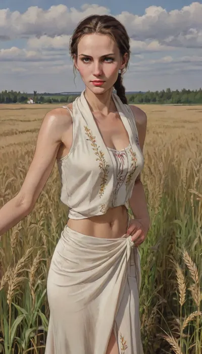 mature women, russian supermodel, detailed eyes, thin eyebrows, no makeup, long natural brown hair, (tall girl), ((skinny body)), (narrow waist), (flat stomach), realistic body proportions, perfect anatomy, good hands with perfect fingers, long skinny legs, thigh gap, big breasts, erected nipples, random pose, unique angle view, A beautiful mature Russian woman in the wheat fields of Tver Russia, during spring. She is wearing elegant, clean, and colorful traditional russian attire, a fitted embroidered vest over a flowing thin white blouse, and a delicately patterned silk scarf loosely draped over her hair. Her hair is braided. Her look is graceful and welcoming. The scene is lush and vibrant — bright wheat fields, soft sunlight glowing through light clouds. The image is cinematic, culturally rich, inviting, perfect for tourism promotion, ((no skirt)), ((bottomless)), Rating_explicit, Source_anime, 80's anime style, (A detailed pencil drawing with clean lines and meticulous shading, sketch of a woman), drawing have delicate shading and intricate details, capturing the essence of the subject with fine pencil strokes, background is simple, allowing the focus to remain on the portrait itself, drawing by NTY, v0ng44g, sk3tch, .8>, ratatatat74, <lora:sketch_it:1.1>, <lora:ratatatat74-000050:.8>, <lora:NEOTOKIOXL_0.2_RC:.8>