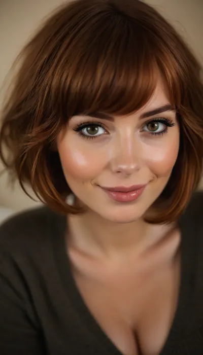 ziprealism, (intimate romantic moment esthetic, relaxed casual scene, private nude photo collection), (romantic intimacy, soft mischievous grin, sensual lounging pose, wry teasing gaze:1.6), (f/2.8, shallow depth of field, high angle view, focus on lips:1.2), (subtle bokeh:.4), (vibrant auburn hair with coppery highlights, chic French Bob cut hair with blunt bangs:1.8), (large expressive eyes, perfect eyes, vivid stunning eyes, pale skin, soft blush), (cozy bed, warm romantic lighting), (full sensual lips, cupid bow lips), (huge teardrop breasts, massive cleavage, soft breasts:1.6), (reclining, on back, in bed, pillows:1.2), (comfy casual underwear:1.2), <lora:style_lora_realis:1.4>