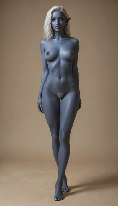 Beautiful female Drow elf, dark grey blue skinned female elf, dark grey blue skin, white hair, sharp features, pubic hair, nude full body view