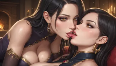 (1womens:1), best women, beatuiful slim, long hair, black hair, beautiful gold eyes, very huge breasts, big ass, witch clothes, high quality, lust and falling in love, Close-up breasts inward view, in living room, tits is outside clothes, passion kiss