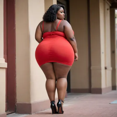 a fat, short bbw, busty 25 year old very black women, plump, BIG wide ass, from the side, thick thighs, very huge breasts. narrow waist, red, micro skirt