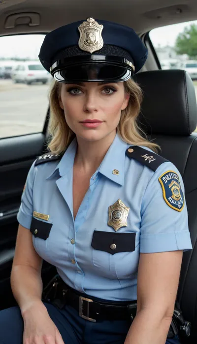 extreme realism, maximum detail, masterpiece, full body, solo, milf, police uniform, in car