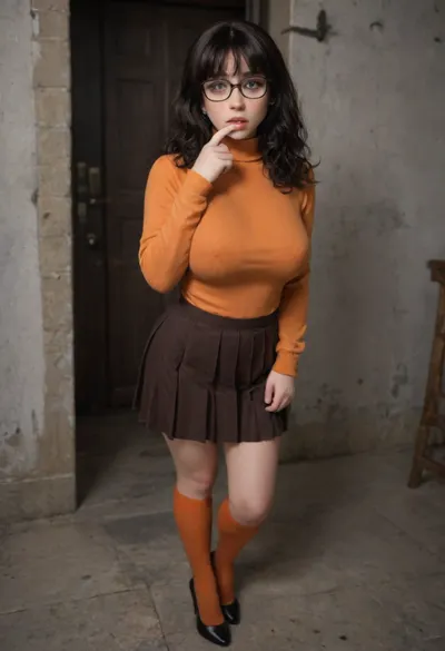 (closeup of scared ghosthunter in creepy abandoned, ruined victorian mansion), (focus scared), /Larkin, (focus 30 years old), scared, holding hand up to mouth, (facing away from viewer:.8), (looking back over shoulder:.8), wide blue eyes, perfect face, (straight black hair, bangs), light makeup, (large breasts, DD cup breasts), (wearing orange turtleneck sweater, brown pleated skirt, orange knee socks, brown high heels), black-framed eyeglasses/, (uneasy posture), in creepy, ruined victorian mansion, (focus nighttime), larkinlove, <lora:larkinlove:.8>