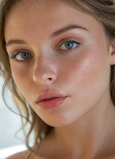 (masterpiece, best quality, photorealistic, ultra-detailed, highres, soft lighting), 1girl, flawless breathtaking petite 28 year old irish nude influencer, narrow waist, glistening skin, blue and grey colored mesmerizing eyes, perfect face, smooth silky long hair, tanned skin, no tan lines, realistic detailed eyes, realistic detailed face, realistic detailed tan skin, freckles, professional color correction, close-up portrait, no tattoos, wearing sheer lip gloss, soft backlight, close up on face, <lora:add-detail-xl:.5>, <lora:xl_more_art-full_v1:.6>, <lora:SDXL_BetterFaces-LoRA_v1:.8>, <lora:MJ52:.8>