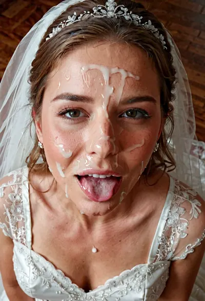 3/4 body shot of happy woman wearing wedding dress with cum on her forehead, facial, <lora:Facials:.5>, open mouth, (cum in mouth:1.3), <lora:JustCum:.5>