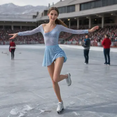 Skinny feel, skinny ass, petite junior-girl, wet pussy, looking at viewer, shows her ass, her ass, bottom, smiling, pussy visible, Rond4R0u53y2.pt, (skinny adult girl:1.6), (((on ice rink:1.8))), Biellmann spin, spectators, on the ice a 18 yo. skinny figure skater girl in a red short semi-transparent dress without panties performs pirouette Billman in skates, (ice skates shoes), exhibitionism, correct anatomy, body proportions, flying, spin, spiral, grand exhibition, raise arm, floral, print, lace, sleeves, cinematic, countless, crowd, wind, night, jkmicroskirt, skirtlift, (raise one leg), ((one breast exposed)), (((small teardrop conical upwards breasts with hard puffyy nipples:1.1))), ((pink areolas)), (exposed pussy), (vagina, clitoris, thin labia), textured skin, (warm golden frontlight:1.4), (full body view), ((front view)), contrasting shadows, bright light patches, (dark shadows:.9), (warm ambient light:1.2), detailed background, 32k, (vivid colors:1.5), (high contrast:1.8), (volumetric lighti, ng), (maximum quality:1.5), (high resolution:1.5), (ultra realism:1.5), ((focus on whole body:2))
