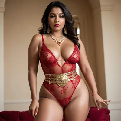 Indian woman, with brown skin, a bit chubby, in a one piece red sheer lingerie with nipples visible, but no panties, with gold and pearl jewelery 36D sized breasts, and wide hips. red color lipstick and a nosering, handcuffed and bending backward opening her legs wide. showing her well trimmed pussy, and a gold and pearls belt around waist.