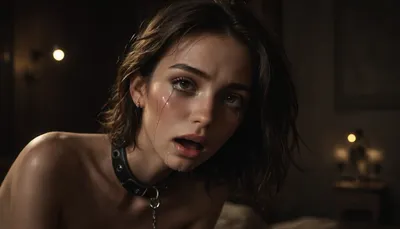 rich color palette, masterpiece, night, girl, gorgeous, extremely beautiful face, professional studio, female blushing, extra detailed, high definition, slave collar, ruined makeup, very small, petite, very small body, (skinny:1.6), messy hair, (crying:1.4), screaming, agony, red ass from spanking, red cheeks from slaps, ((cum load on face:1)), lights, dark, ambient, light, <lora:dark:.8>, <lora:reij-moderngothic-000006:.8>, <lora:PetiteNymphet_SDXL_v1.0:.8>