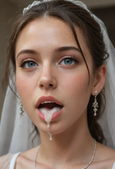 3/4 body shot of happy woman wearing wedding dress with cum on her forehead, open mouth, (cum in mouth:1.3), <lora:268670_training_data:.8>