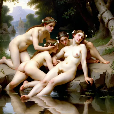 masterpiece, full color image, 8K quality, ""Nymphs and Satyr" by William Bouguereau, painted in 1873, the painting depicts a group of nymphs who, bathing naked in a secluded pond, discovered a voluptuous satyr peeping at them. Surrounding him from all sides, they drag the satyr, who is resting his hooves into the water, the aristocratic seductiveness of the nymphs is visible. Bouguereau's painting technique is characterized by soft transitions of tones and detail, which enhances the symbolism of the plot. The painting is made with oil paints