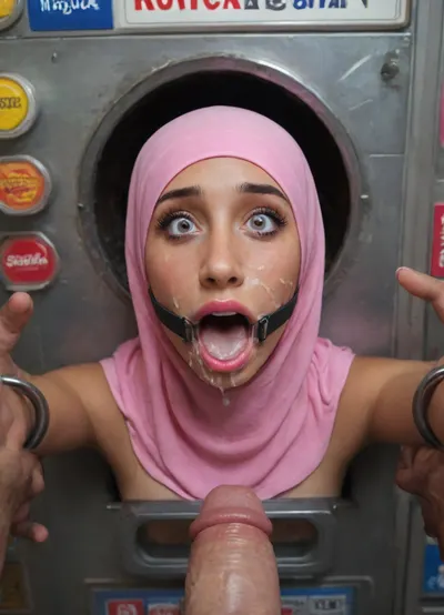 (Muslim woman with big tits is stuck with her hips in a round hole with metal rim in a black vending machine), (big tits:1.1), (her bust is protruding from a round hole in the front of the vending machine:1.5), (stuck in hole with metal rim:1.3), (vending machine at night, slot for payment), (wide mouth spreader ring gag, gaping mouth:1.5), (leaning forward), (embarrassed, ashamed), (pleading expression:1.2), (terrified:1.6), (crying), (fear and panic:1.2), (box is low mounted, close to floor), (score_9, score_8_up, score_7_up, UHD 8K, masterpiece, best quality, maximum details, natural light, extreme realism, cinematic still), (huge penis:1.4), (she stares at erect penis in front of her face:1.3), (POV from above, she is looking up to viewer, submissive), (POV man standing and looking down, man stroking his big dick:1.1), (arms restrained to wall), (her arms left and right flat against the wall, multiple iron rings fixing her stretched arms against the wall:1.5), (POV standing man, looking down on her:1.2), (mouth wide open), (iron rings restrain her arms to vending machine), (her arms are spread eagle against vending machine:1.8), (arms restrained with iron rings:1.8), (free-standing vending machine), (her face is covered in cum:1.6), (cum in er mouth:1.1), (bukkake, facial:1.3), (skin impurities), (transparent liquid:1.2), (realistic cum), (wet face:1.2), (oily skin:1.5), (stuck with hips in a round hole with metal rim:1.6), (dark brown skin, Arabic), (eyes wide open in horror:1.3), (her mouth serves only one purpose), (she's got a new job, she's a public cum dumpster), (pink glossy lips:1.3), (shocking pink lips, pink lipstick:1.5), (eerie lighting:1.3), (smeared lipstick:1.3), (pink hijab:1.3)