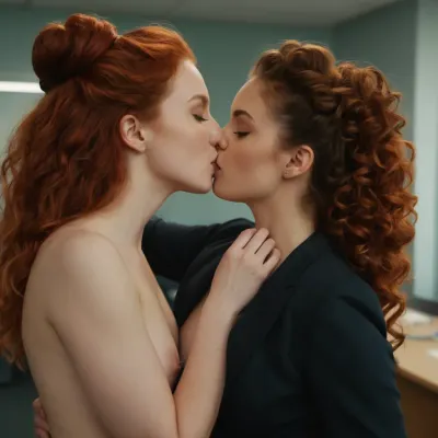 in the office, two girls kiss passionately, one is dressed in a trouser suit, with long curly, red hair, the other girl is a brunette, naked, slightly overweight, her hair is gathered in a bun on her head, one girl is dressed, (the second is undressed, the dressed girl has a slender physique), the undressed girl has a hypersthenic body type. skinny redhead girl, plump brunette. view from afar, bright colors, midday, lots of light., (one girl has red long curly hair, the other has brown hair gathered in a bun on her head), (very passionate kiss), (ultra realistic photo)