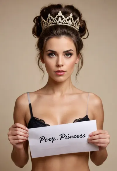 COPYRIGHT, A coquettish adult woman holding up a white paper in front — branded with the logo "PooP-Princess" in black font. Elaborate hairstyle, lingerie, movements, soft textures, serious expression on her face. beige background, END, /©KlTTY-ART/








/©KlTTY-ART/