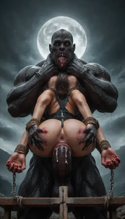 1woman, she-devil, demon, ugly, scary, dark, beast, uneasy, macabre, evil, goddess of hell, demonic, Black, wings, monster, scary creature, apocalypse, rapture, hell, hell on earth, apocolyptic scene of destruction, extremely intricate detail, best quality, view from side, award winning photo, (in a bloody filed after a battle, white full moon in the sky:1.4), (man is choking her from behind:1.4), ((hogtied, bound with large chains, crucified to a torture table, spikes through hands:1.3)), (torture:1.32), (large sharp sword in anus:1.12), cock in mouth, (brutal face fuck), Blowjob, (tears in eyes:1.5), (running makeup), (cum drips from nose:1.3), (cum drips from mouth:1.3), ultra hd, photorealistic, hyper gigantic large black cock in mouth, (((hyper gigantic large black cock in mouth:1.3))), oral cream pie, hair grab, sad crying, tongue out, gasping for air, zavy-brbrn, gangbang, double anal penetration, anal spitroast, groupsex, deepthroat, (4 gigantic African black brute thug, huge trunklike arms, huge head, hyper muscular body, dressed in slave clothes:1.32), ((hogtied, bound for sex, tied up)), (((hyper gigantic large white cock in mouth:1.3))), (pulled nipples:1.2), nipple clamps, (((spitroast))), (((hyper large cock in mouth:1.3))), screaming, shocked, deep anal penetration, Uber realistic, 8k, ultra detailed, masterpiece, arched back, detailxl, 35mm photograph, film, professional, 4k, 1girl, 5 boys, hdr, photographic, ultra realistic, ultra high details, back light, (front view), (dynamic pose), incredibly lean body, anal sex, with large muscular black men, gargantuan black cocks, large hyper muscular fat old men, (double anal sex), swollen white veiny cocks, (double anal penetration), hardcore double penetration, proper physics, big white cocks, muscular white double anal gangbang, (forceful penetrations), extremely graphic, shocked expression, beautiful hands, defeating a woman in combat, fighting, killing, blood, winning fight, magazine cover, Realism_Quality_2xx_By_Stable_Yogi, score_9, score_8_up, score_7_up, (((very pretty face:1.3))), (((extremely ultra detailed face:1.3))), perfect fingers and hands, upper body view, (extreme size difference:1.6), (ultra realistic), (maximum quality), (high resolution), (extreme detail), (ultra realism), UHD, super high quality, highly detailed, high resolution, perfect lighting, natural lighting, (dynamic angle), (random angle), (random pose), (dynamic view), (random view), golden hour, rich details, nature-inspired color palette, <lora:demonXL:2>, <lora:842553_training_data:2>, <lora:DonM3v1lM4dn355XL-v1.1-000012:2>, <lora:DonMD34thM4g1cXL_v3.0-000015:2>, <lora:zavy-brbrn-sdxl:2>
