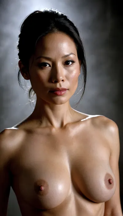 Image of a Lucy Liu with gigantic breast, naked, macro, silhouette, slim body, big breasts, sexy . Dark background creating the impression of fog. lov light. distance, Low-key, lighting, Style, dim, light, low, dramatic, Split, Lighting, style, partially, covered, in, shadow