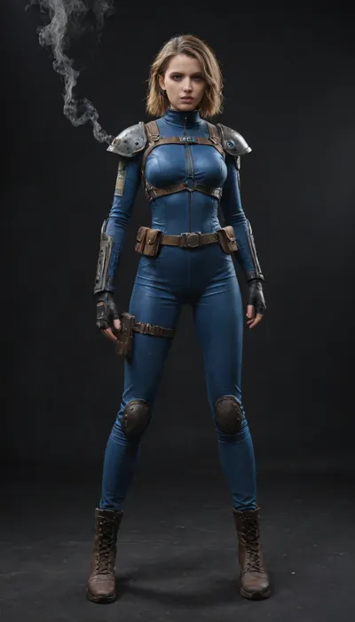 Fallout, Vault Girl, blue jumpsuit with leather shoulder harness and leather protective pads, long legs, symbolism, full-length, sketch, graphic, gray-brown, black background, smoke, cell-shading, traces of movement visualization, acceleration effect, Wet watercolor sketch streaks, Cyberpunk, Grunge, The harsh strokes of eroticart, Arush Votsmush