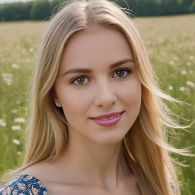 (high quality photographie), (detailed eyes), (detailed skin), (ultra sharp), one only beautiful short 20yo woman, long natural blonde hair, very straight hair, in summerdress on a sunny day on a meadow, no makeup, smiling, focus on eyes
