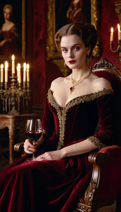 8k, masterpiece, Cinematic style of Stanley Kubrick's Barry Lyndon, dramatic candlelit lighting, medium shot portrait of a beautiful vampire girl, wearing an elaborate 18th century burgundy velvet gown with deep decollete and thigh-high slit revealing her pale graceful legs, intricate gold embroidery, pearl jewelry, pale porcelain skin, crimson lips, piercing red eyes, mysterious smirk, sitting in chair, holding a crystal glass of blood-red wine, grand Gothic castle interior with dark tapestries and antique furniture, chiaroscuro lighting, atmospheric, photorealistic, <lora:Kubrick_FLUX:.8>