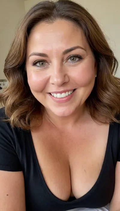 Photo of a fat 60 year old mature brunette woman with beautiful eyes, ((obese)), realistic skin, skin texture visible, (sharp focus), (high quality), (face visible), ((Detailed Face and Eyes)), 8k high definition, ((Greek woman)), long hair, ((light brunette hair)), ((stunningly beautiful woman)), ((sexy woman)), ((black thin low-cut v-neck t-shirt)), ((smiling)), close up, ((leaning towards viewer)), ((saggy)), ((cleavage)), ((pokies)), ((erotic background)), (((perfect lighting))), ((front view)), (((looking at viewer))), (((chubby face:1.3))), (((round face:1.3))), ((mature woman)), (detailed skin texture, skin imperfections), (age-appropriate skin condition, wrinkles, wrinkled skin), downblouse, nipslip, stretch, marks, <lora:add-detail-xl:.8>, <lora:RealDownblouseXL2:1.3>, <lora:stretch_marks:.8>