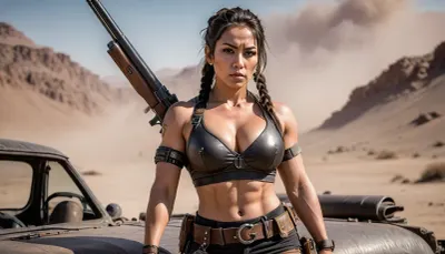 (subject, a asian female extreme bodybuilder apocalyptic warrior, clothing style Mad Max or Fallout universe as a raider outfit, hair braided, war paint, with found objects and jewelry of pre-war world description, holding a, (sawed-off double-barreled shotgun:1.5), sitting on the hood of aripped off Mad Max style car, desert scenario with remnants of civilization and a, in the background, a sandstorm swirling around, style/aesthetic, detailed manga-style illustration with dynamic shading and bold linework), large, breasts, big, boobs, huge, tits, uberfit, muscular, athletic, <lora:bombshell_v2:1.1>, <lora:uberfit_lora_sdxl:1.1>