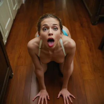 white slave begging for food, skinny scared, submissive, on all fours, looking at viewer, colorful, view from above, over 18, mouth open tongue sticking out, better hair, cute, back view, full body
