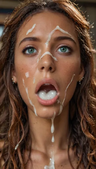 Face detailed close-up, (AfricanAmerica1:2), high ang 1Woman, 25 years old, ((Redhead)), curly frizzy long hair, green eyes, (((a lot of cum on face))), mouth gaping, mouth leaking squirting saliva, cum on mouth, high detailed blowjob, (((high detailed excessive cum on her face))), big wide expressive eyes, gagging face expressions, (((massive bubble butt:1))), ((big round ass)), ((huge butt)), anatomic body, skinny body, high waist jeans, classic train interior inside train detailed seats, dynamic lighting, fixl-art, bbcdeepthroat, <lora:style_lora_realis:.9>, <lora:PAseer-SDXL-AcceleratorLighting:.8>, <lora:BBCDeepthroat:.8>